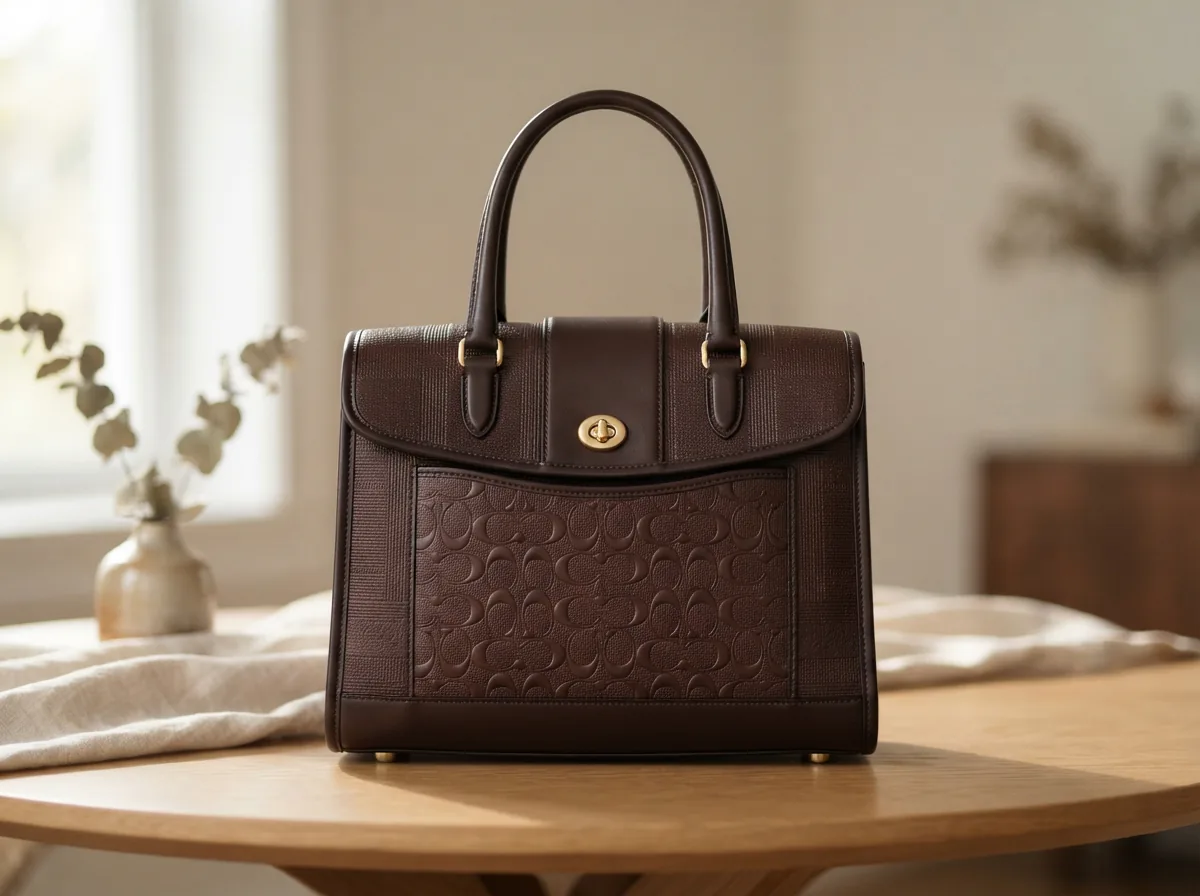 Coach Station Tote Bag in signature leather, displayed upright to showcase its structure and detailed craftsmanship.