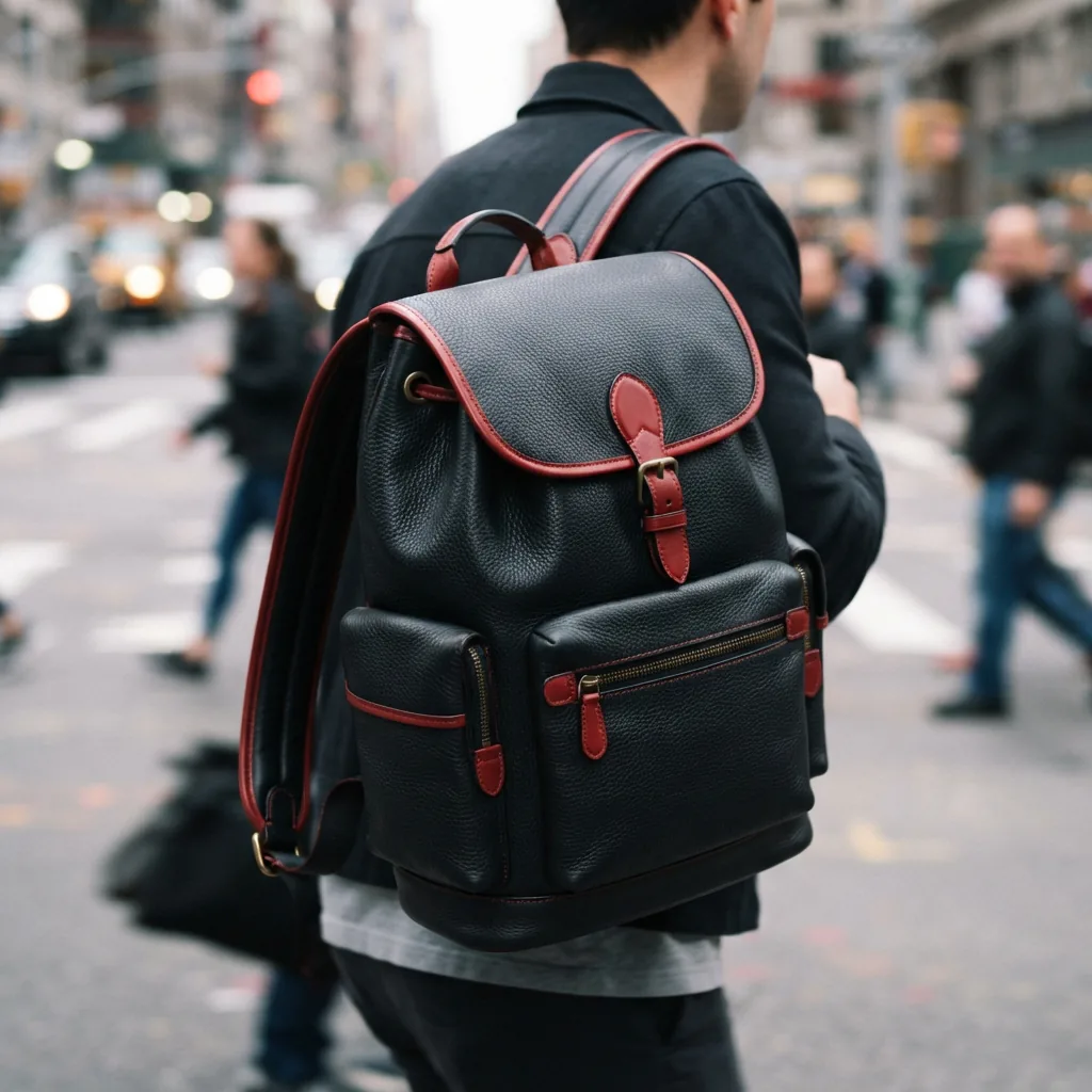 The black and red Coach Heritage Backpack shown in a dynamic angle, highlighting its heritage design, leather material, and color blocking.
