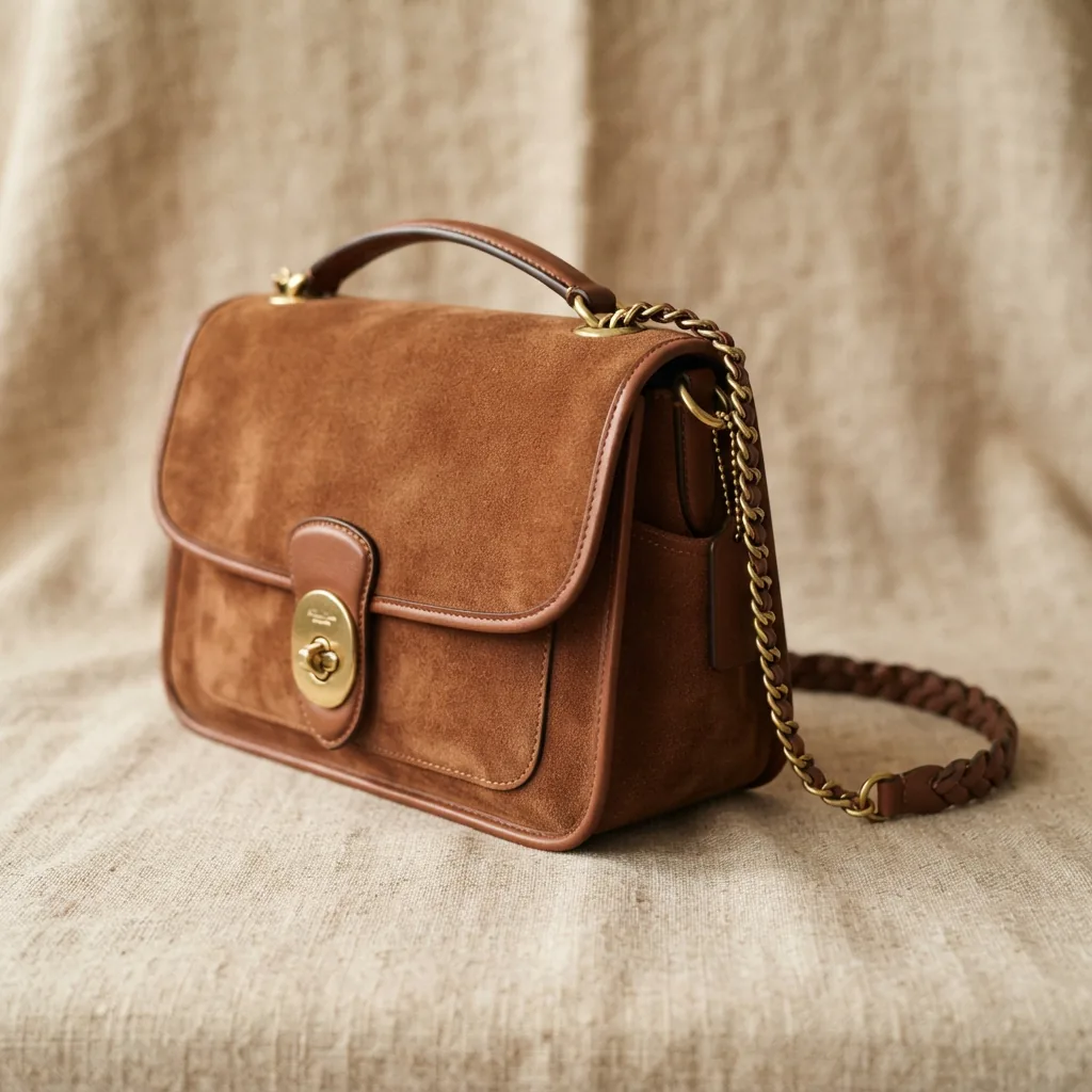 Coach Chelsea Shoulder Bag 30 in brown suede with metal pendant detail.