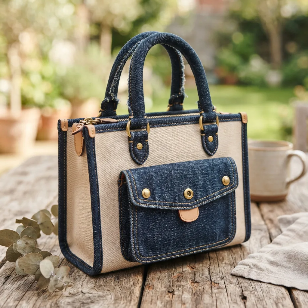 Coach Mini Cargo 20 Denim Handle Tote Bag shown with handles upright, emphasizing its casual tote design.