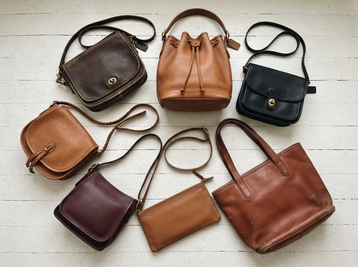 Comparison of vintage Coach bags showing different styles and leather conditions on a neutral backdrop