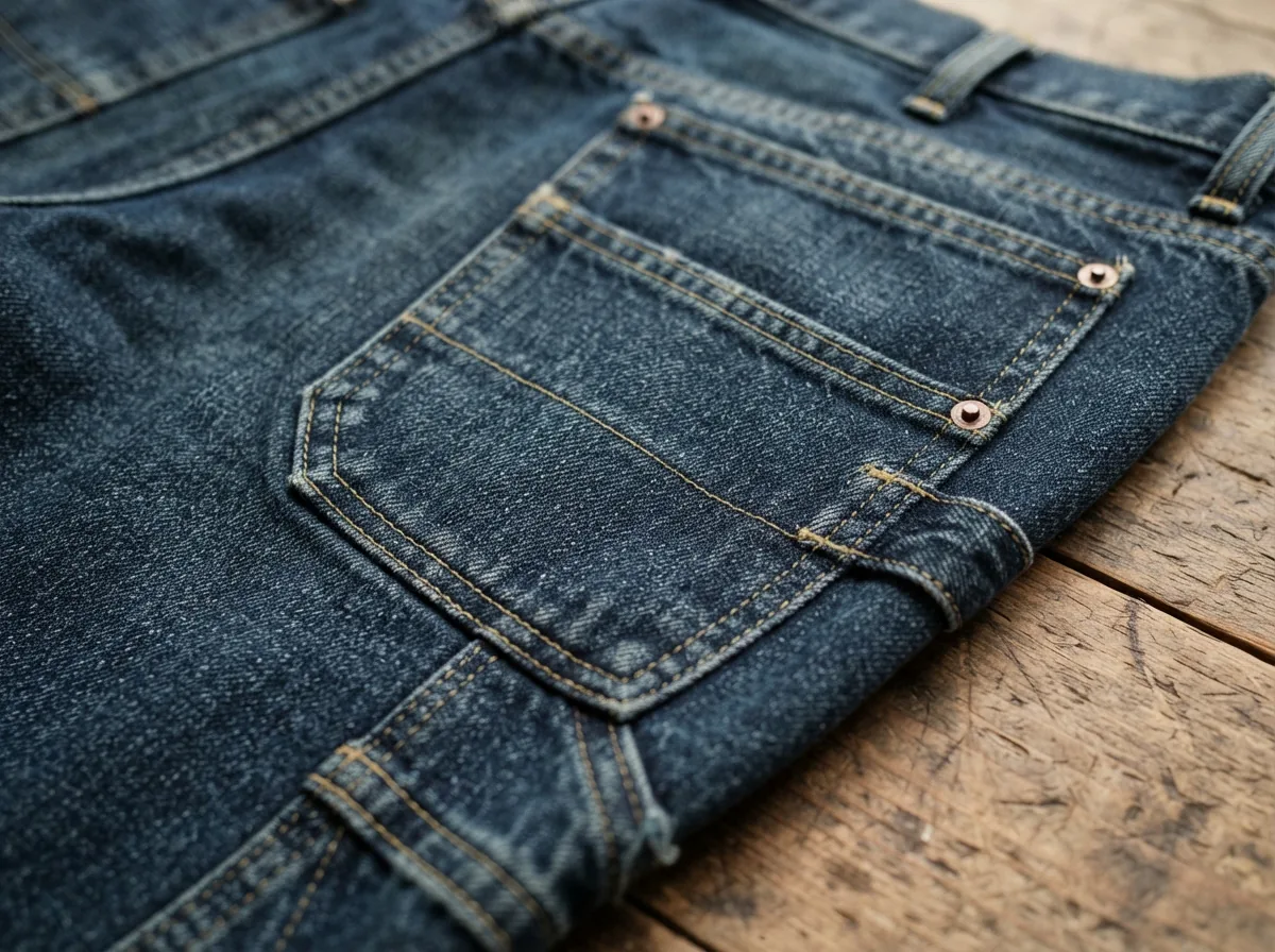 Close-up of fabric detail and utility pocket on blue denim carpenter pants.