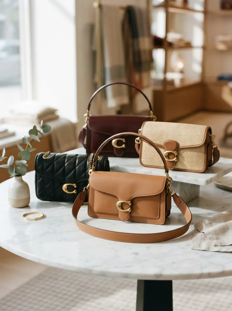 Elegant display of Coach Tabby Shoulder Bag 26 in various styles on a minimalist background.