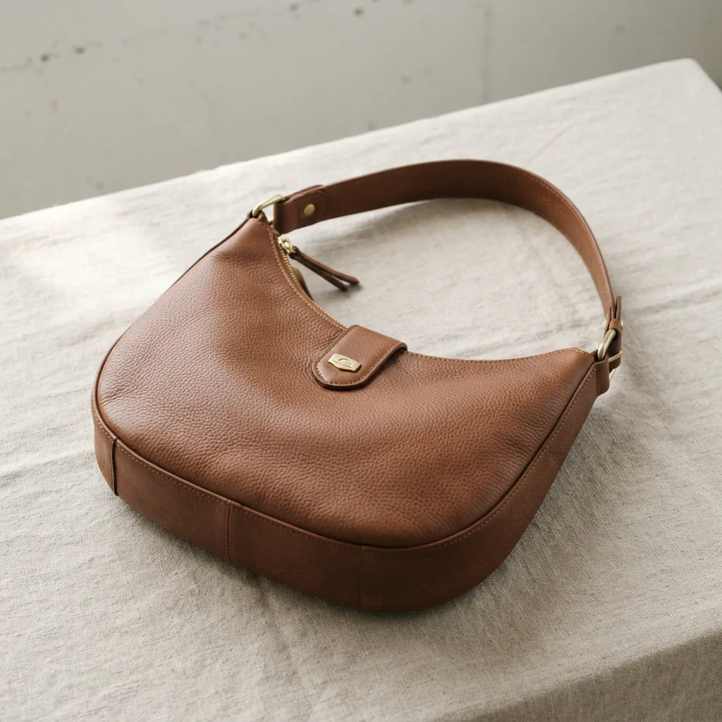 Brooklyn Shoulder Bag 28 in brown leather with engraved details.