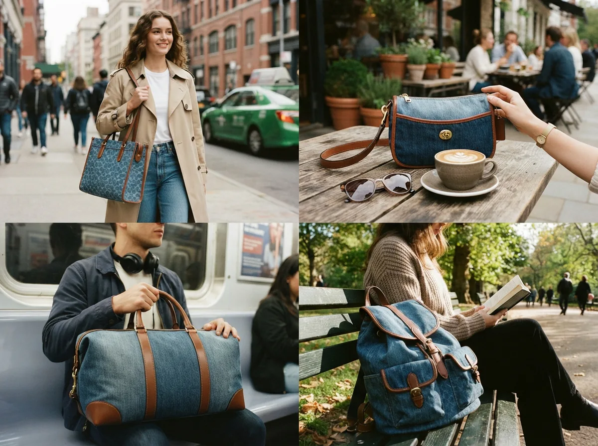 A diverse group of people in different settings using Coach denim bags, illustrating various use cases.
