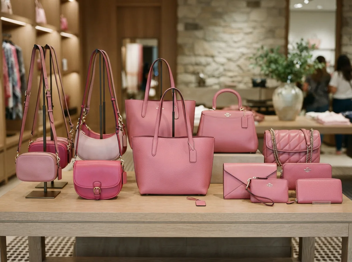 Overview of different pink Coach bag types, including crossbody, tote, and clutch.