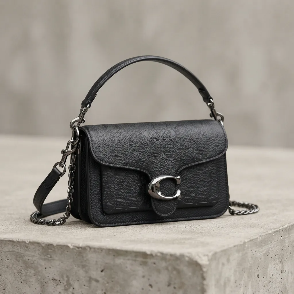Tabby Shoulder Bag 20 in embossed black leather with metal logo, displayed against a light backdrop.