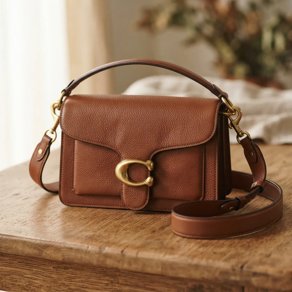 Brown leather Coach Tabby Shoulder Bag 26 with brass hardware displayed simply.
