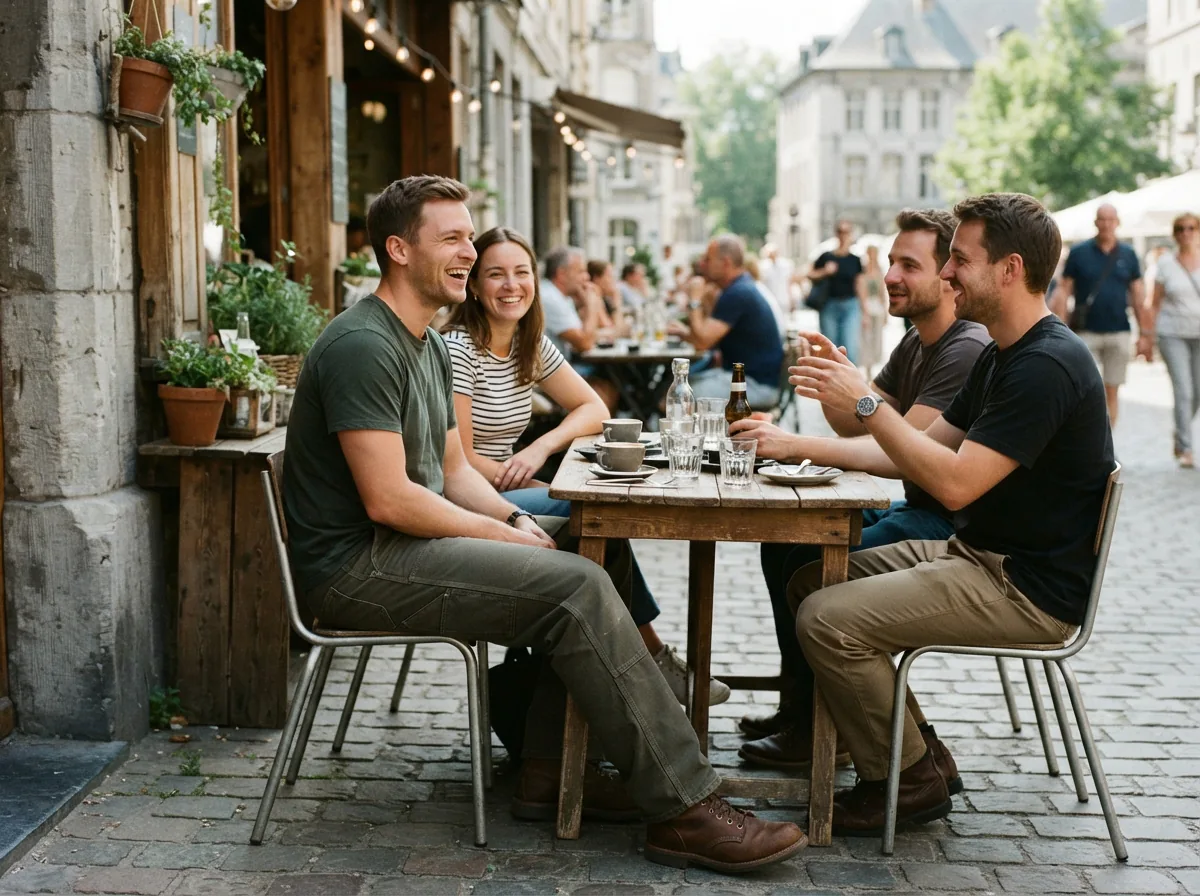 The pants in a social café setting with people.