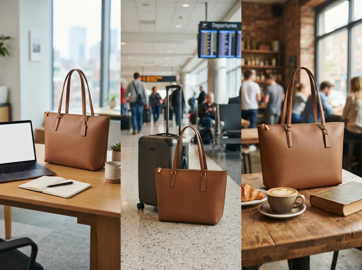 Diverse scenes illustrating Coach tote bags in work, travel, and casual use cases.
