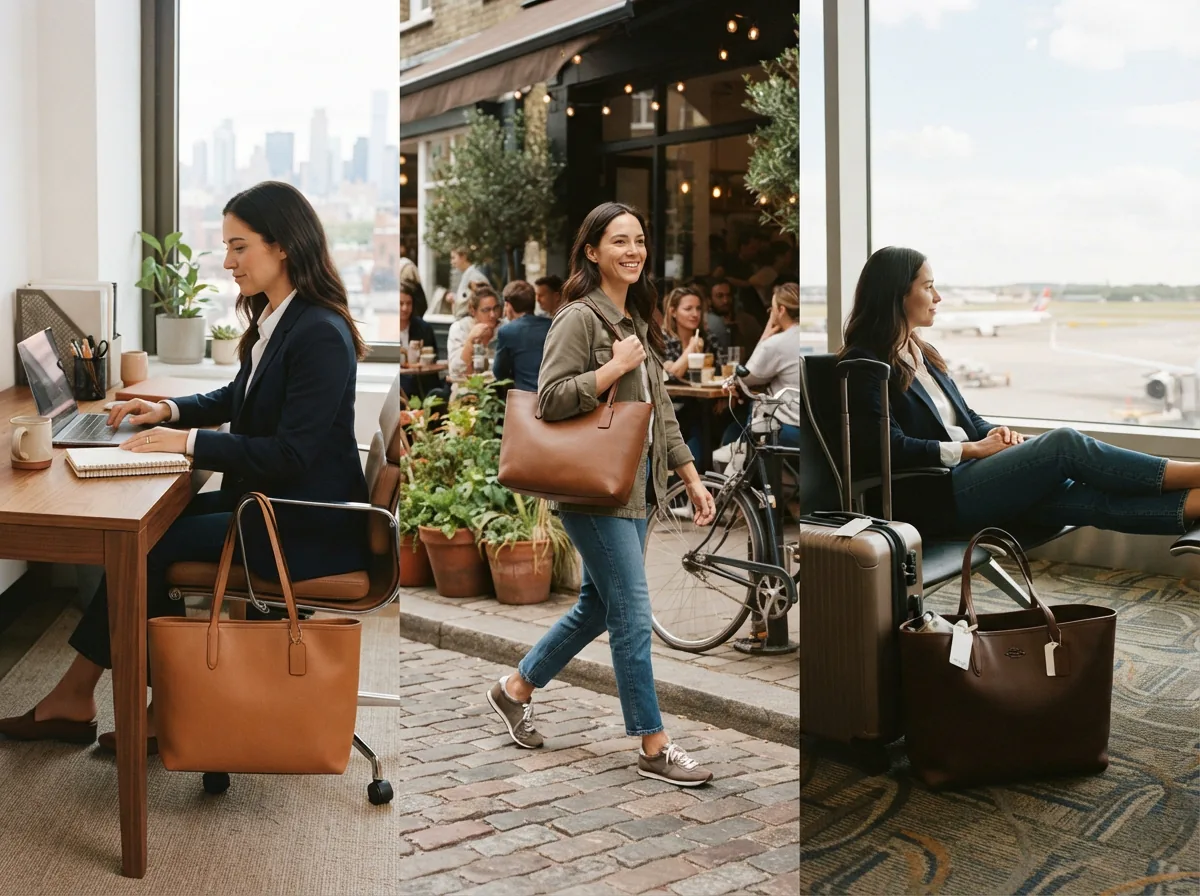 A scene illustrating various use cases for Coach totes, such as in office, café, or travel settings.