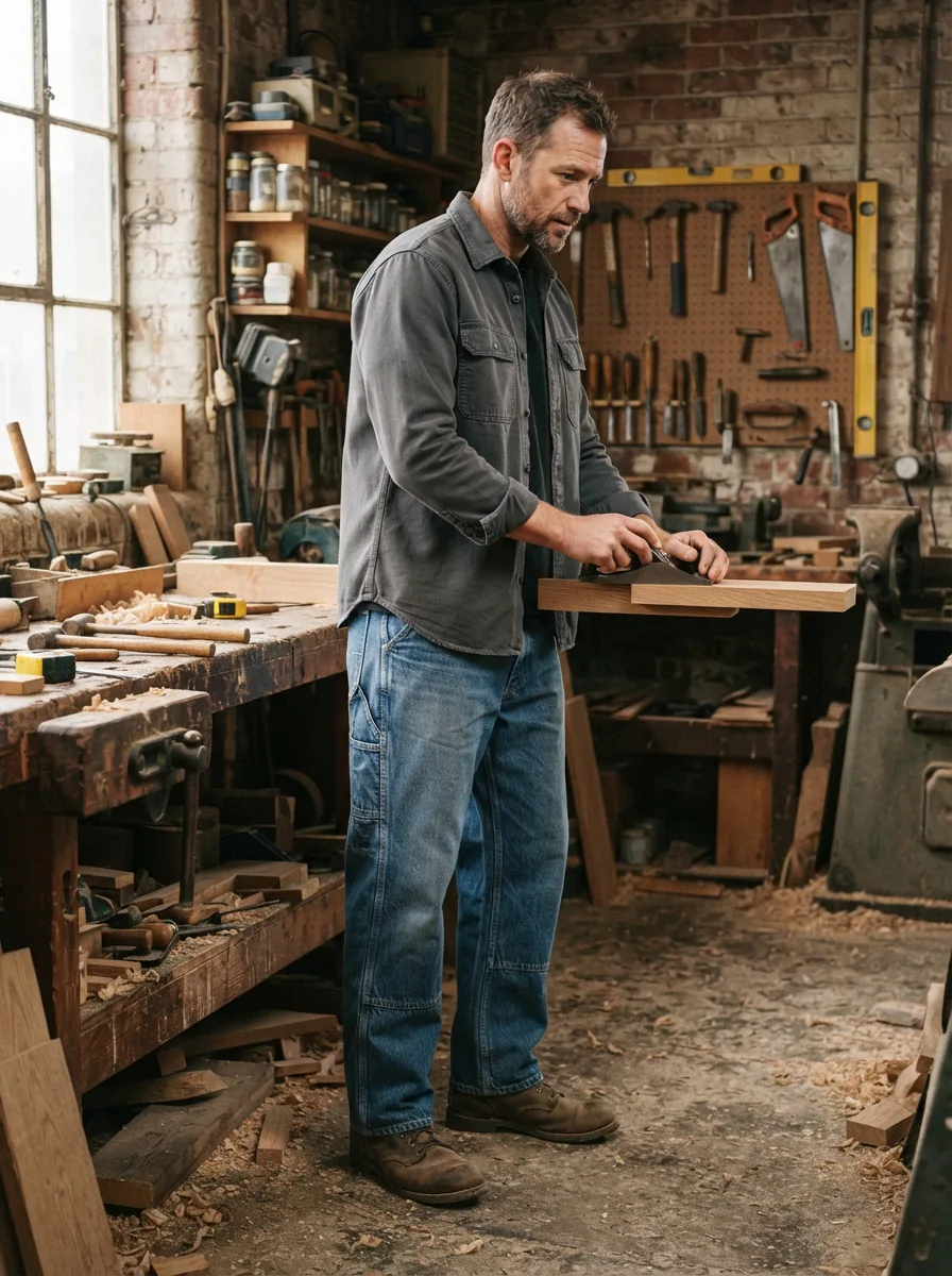 Model wearing blue denim carpenter pants with utility pockets in a heritage workshop setting.