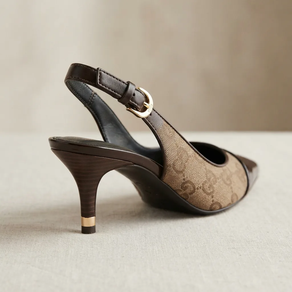 Margot Signature Logo Jacquard Buckle Hardware Slingback Kitten Heel Pumps in a classic color, highlighting the jacquard pattern and metallic buckle.