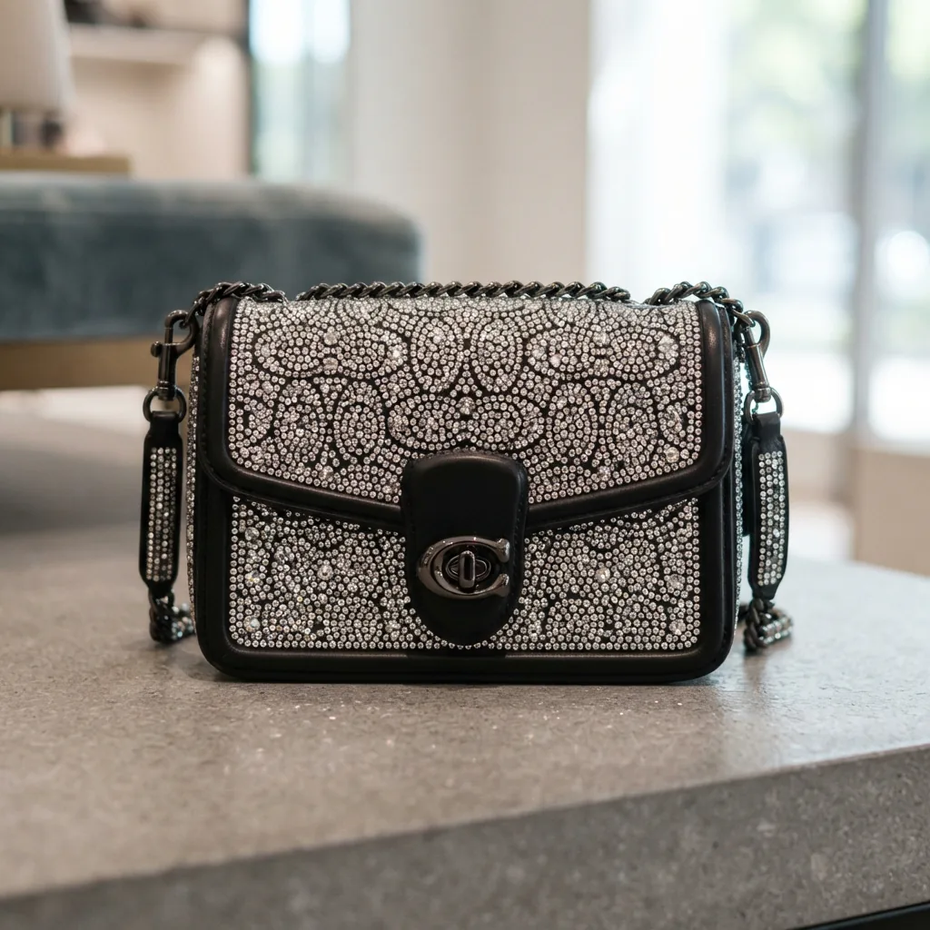 Coach Signature Crystal Crossbody Bag in black leather with sparkling crystals, displayed on a neutral background.