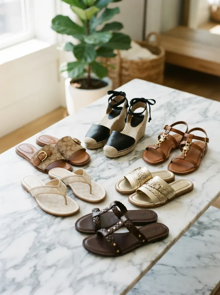 Elegant Coach sandals displayed in a stylish, inviting arrangement.