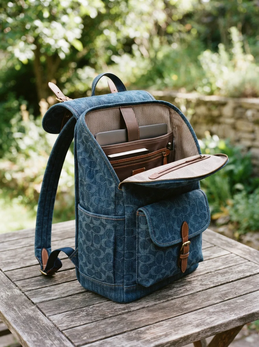Coach Taylor Signature Denim Backpack highlighting sustainable materials and functional benefits.