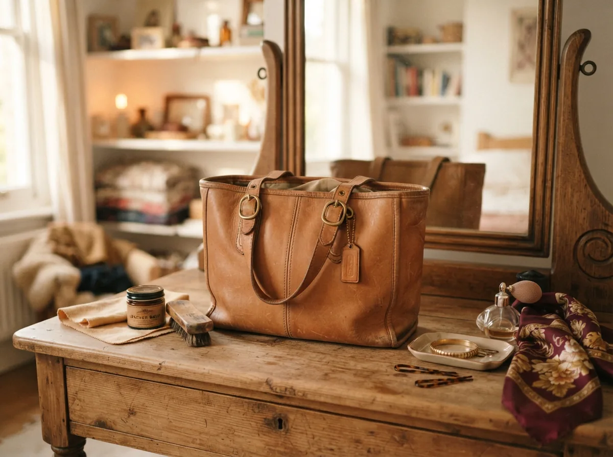 Vintage Coach bags displayed with care items and styling accessories to illustrate common shopping questions