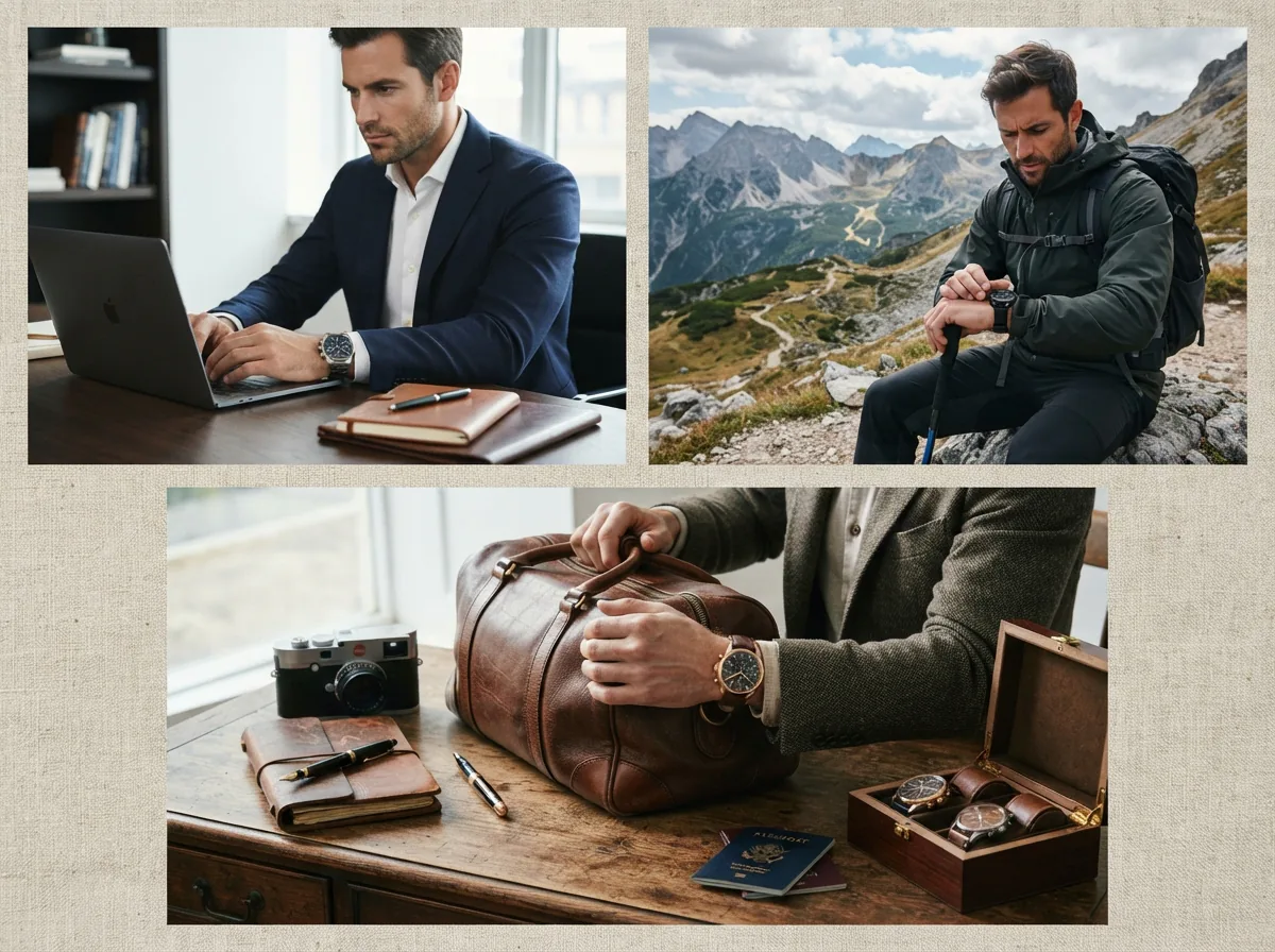 Diverse scenarios showing chronograph watches in use cases from work to travel.