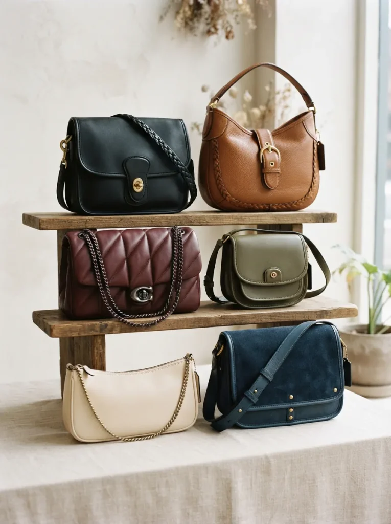 Diverse collection of Coach shoulder bags displayed to highlight variety.