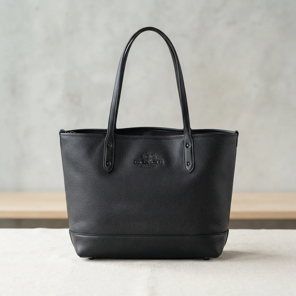 Black leather City Tote Bag by Coach with logo detailing on a neutral background.