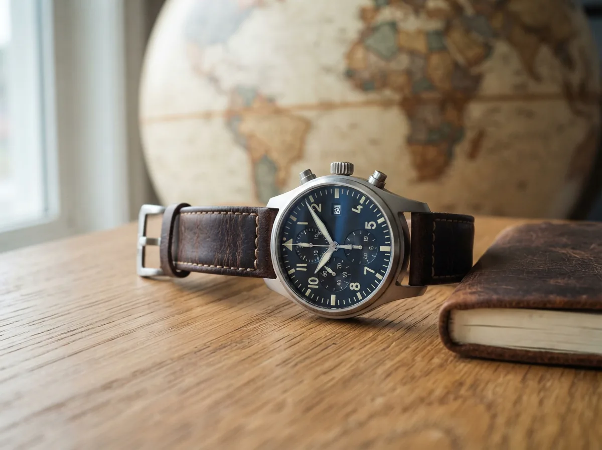 FAQ scene with a chronograph watch and informational props like a manual and world map.