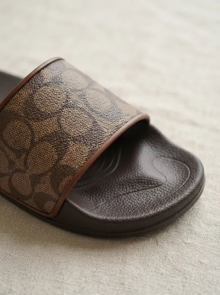 Close-up view of Coach Udele Slide's signature canvas and footbed