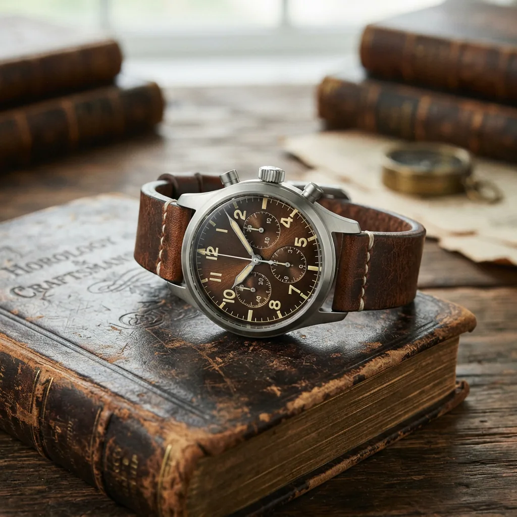 Coach Charter Men's Vintage Chronograph Watch with brown dial on an antique book.