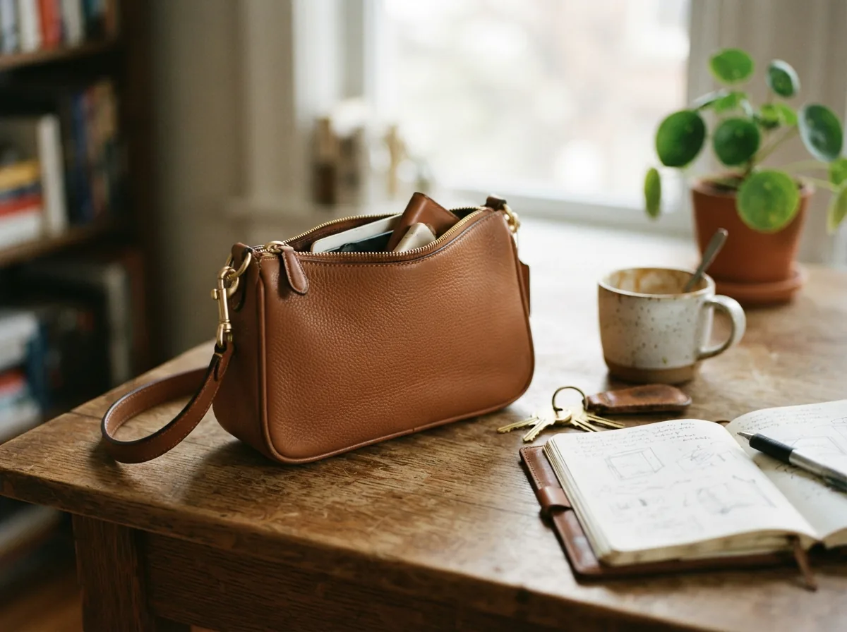 A Coach Teri Shoulder Bag placed in a lifestyle setting with everyday items.