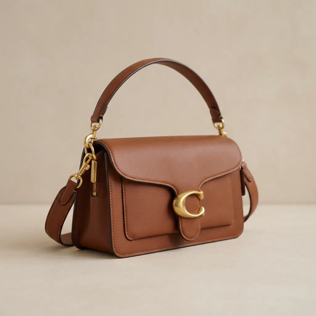 Coach Tabby Shoulder Bag 26 in brown leather with logo and metal details.