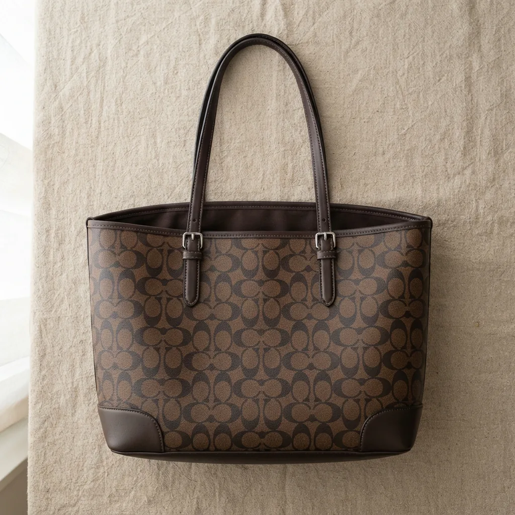 Coach City Tote Bag in signature canvas with piping and logo, presented simply.