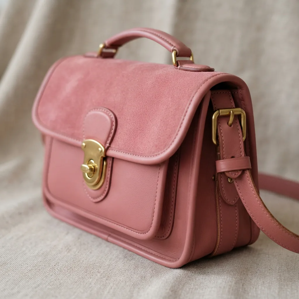 Pink Turnlock Haversack Bag 27 with brass hardware and adjustable straps.