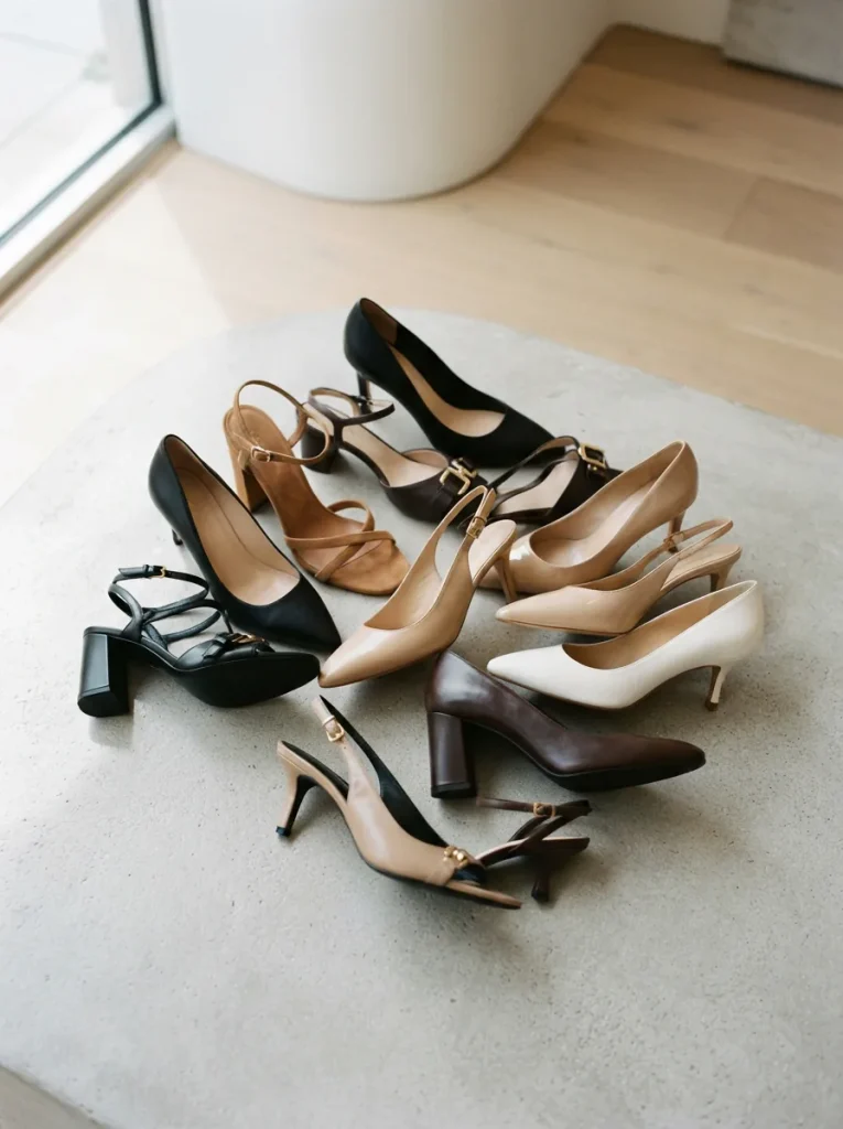 A stylish arrangement of Coach heels on a minimalist backdrop, highlighting diverse designs.
