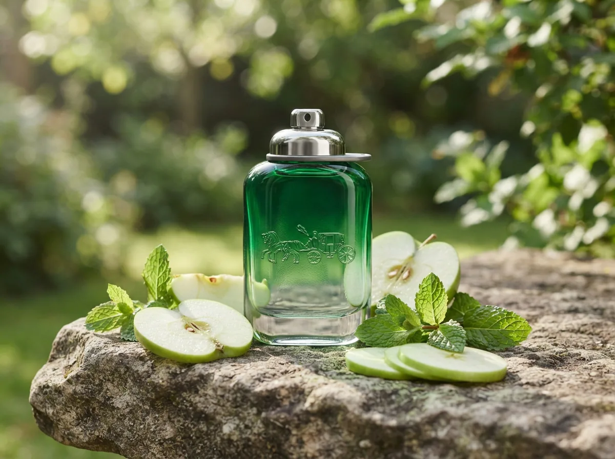 Coach Urban Explorer Cologne bottle with green apple and mint elements in an outdoor-inspired scene.