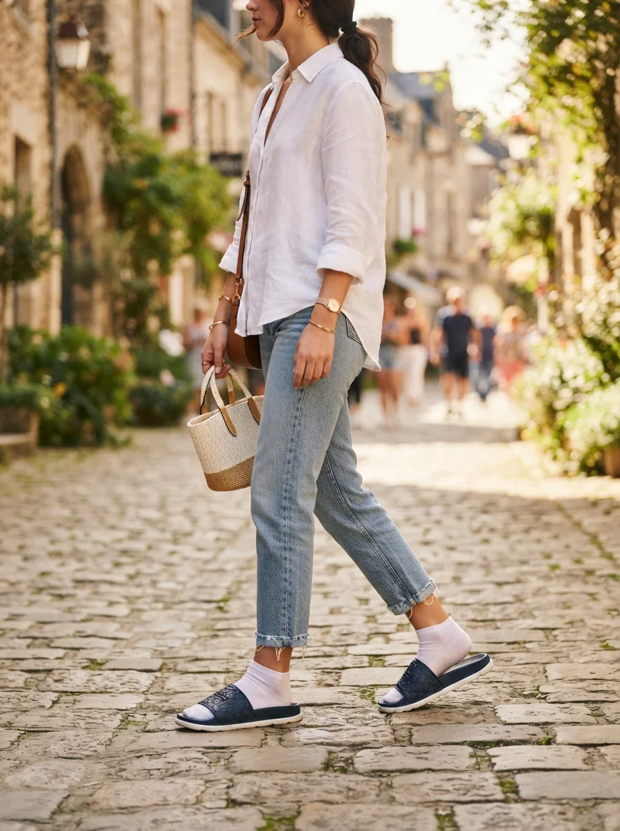 Coach Udele Sport Slides being worn casually with a relaxed outfit, emphasizing comfort and style in a real-life setting.