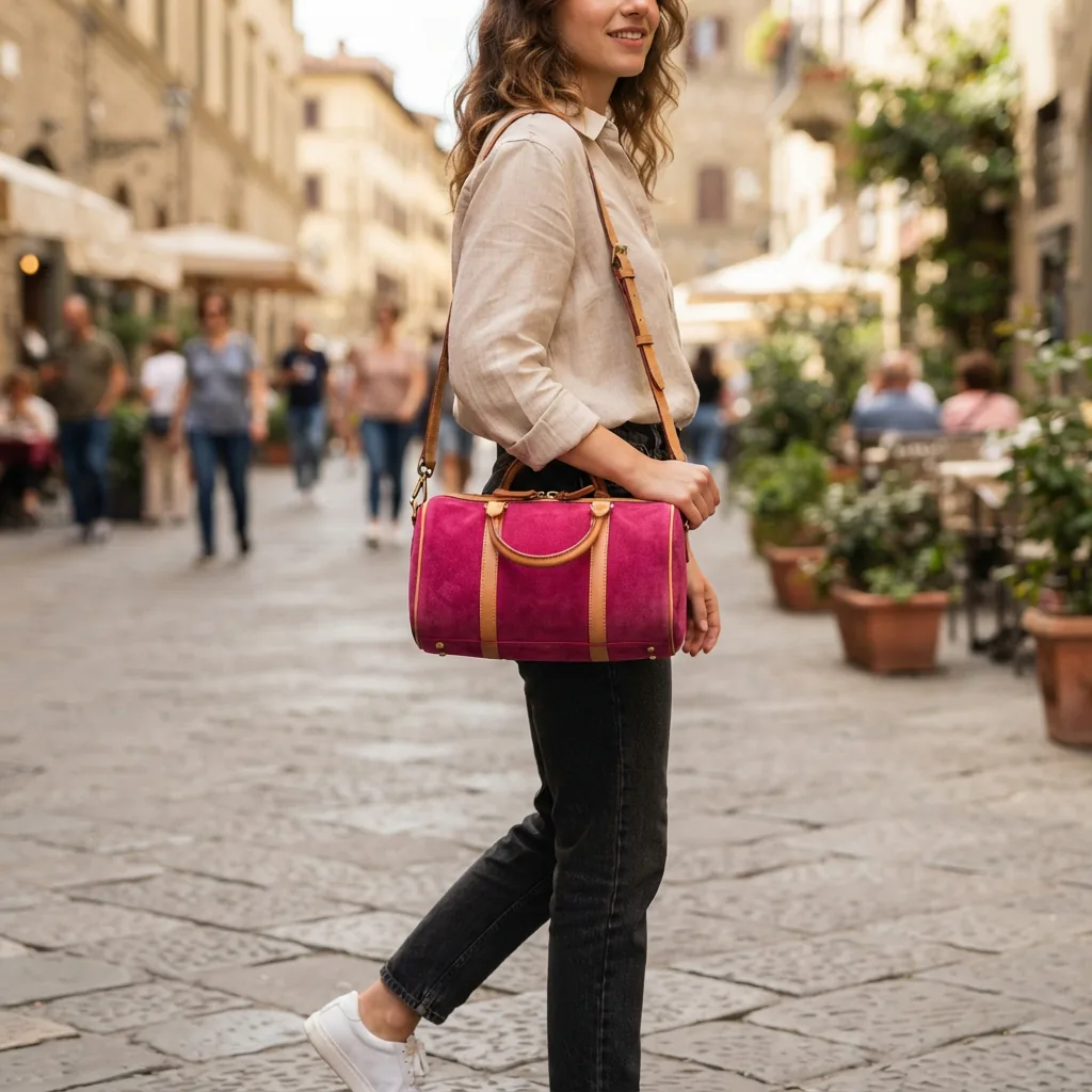 Fuchsia suede barrel bag with adjustable straps and calfskin leather details.