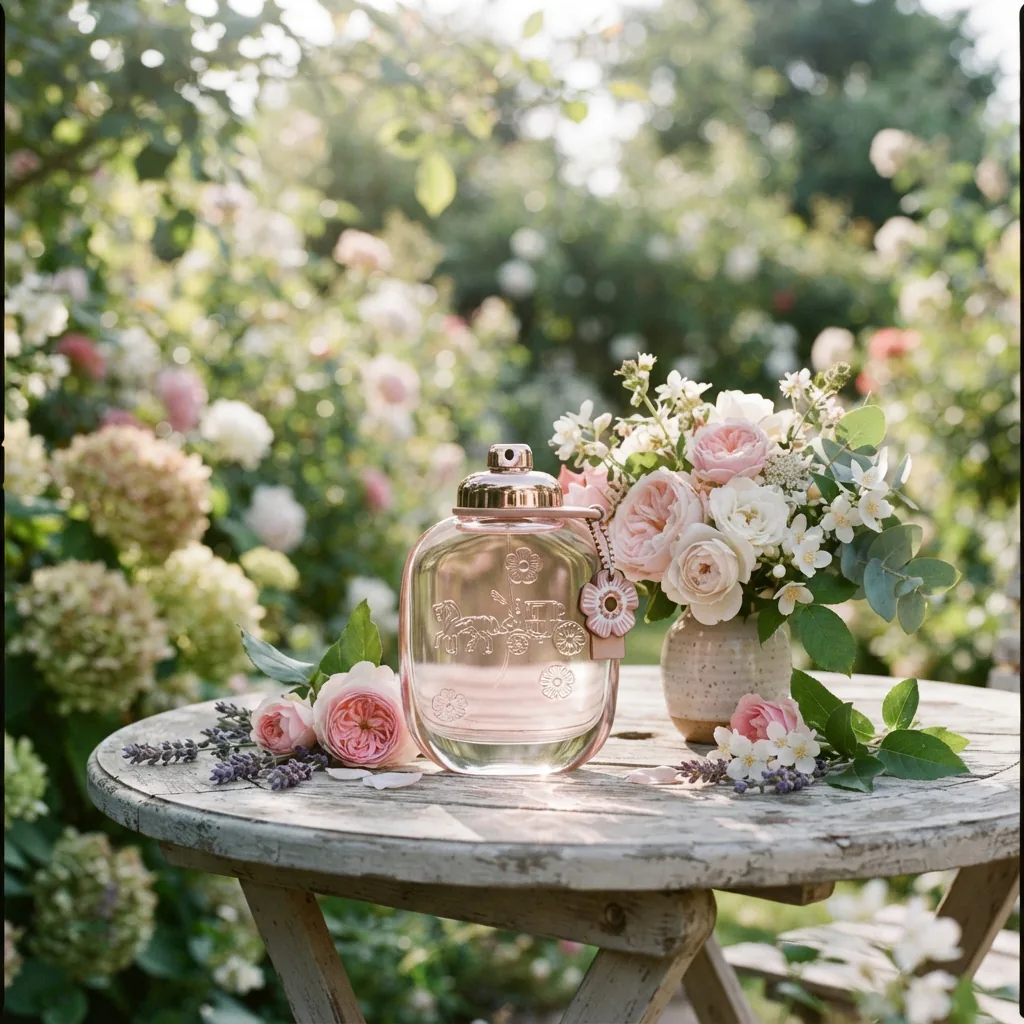 Coach Floral Eau de Parfum bottle among blooming flowers in a serene garden.