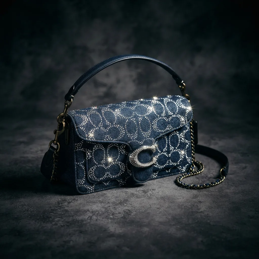 Coach Crystal Signature Denim Tabby 26 Shoulder Bag with crystal embellishments catching light, presented in an elegant setting.