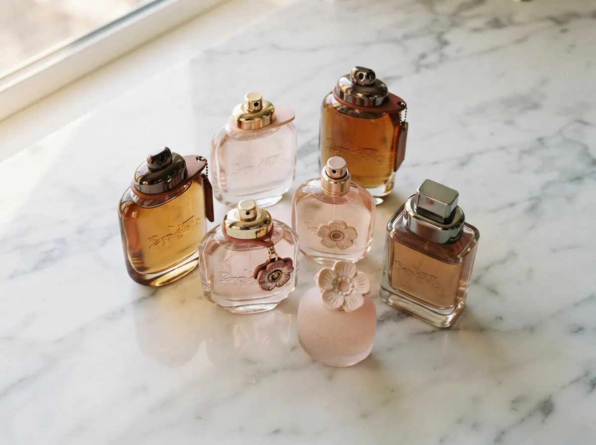An elegant arrangement of Coach perfume bottles on a marble surface, highlighting diverse scent profiles with leather accents.
