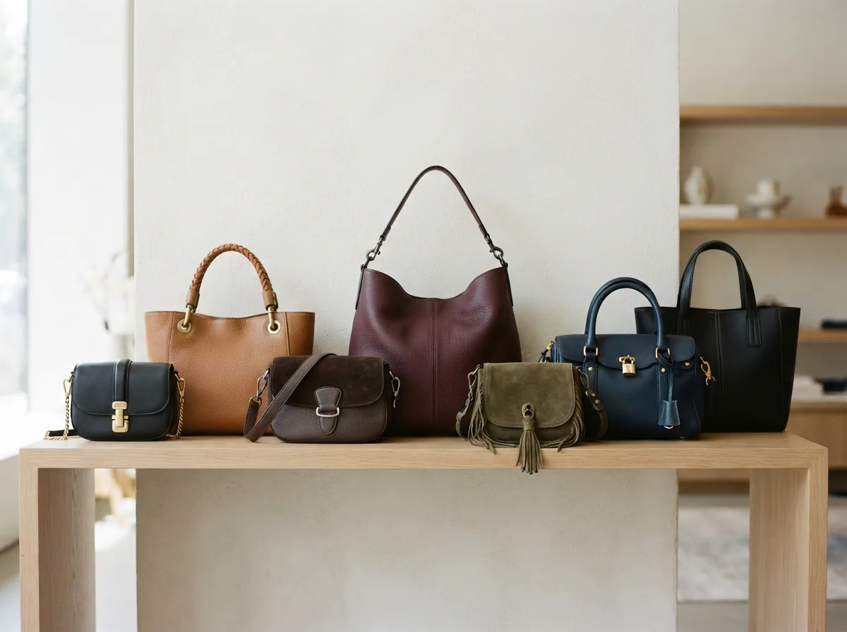 A curated display of Coach leather handbags in various sizes and styles, arranged on a minimalist shelf.
