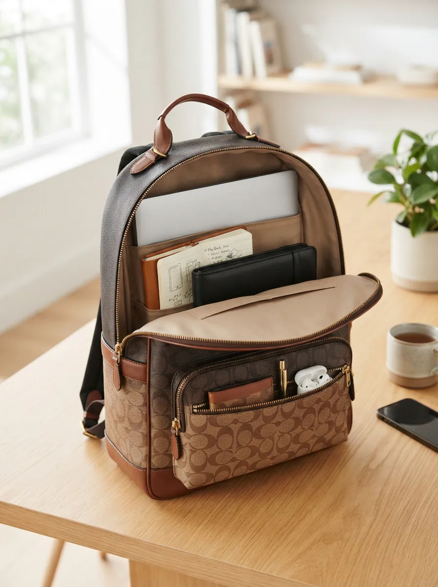 Coach Taylor Ombré Signature Canvas Backpack benefits scene with organized interior and durable material.