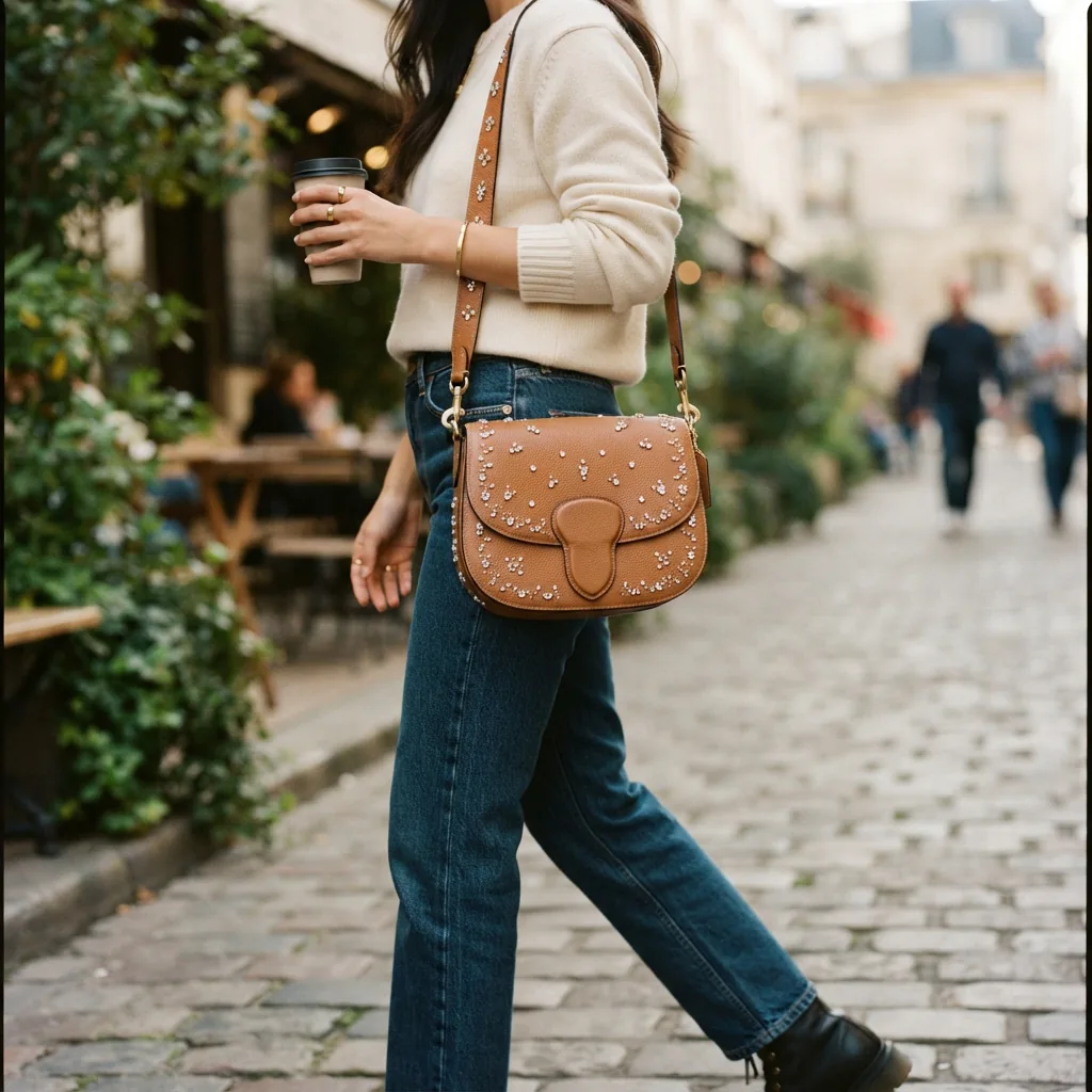 Coach Crystal-Embellished Saddle Bag in tan leather with crystal embellishments.