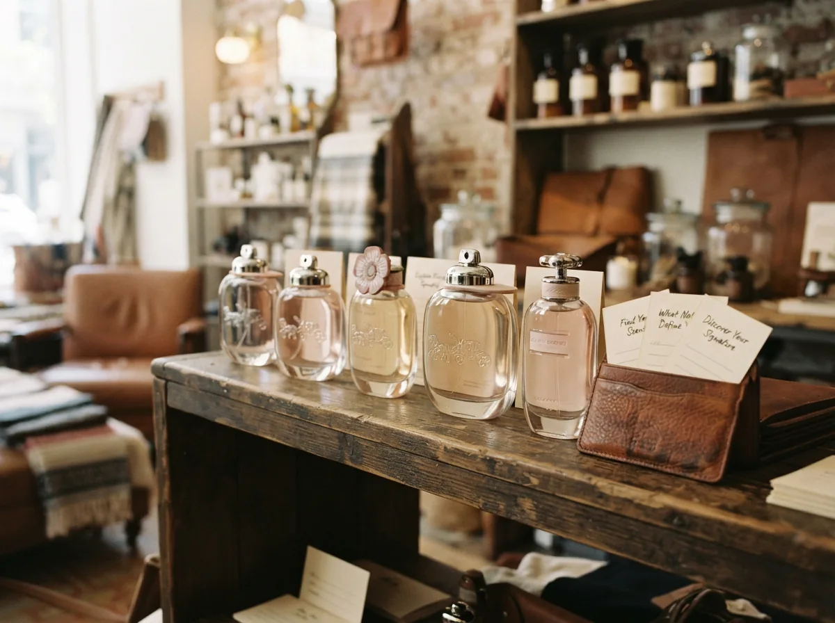 A close-up of Coach perfume bottles with informational cards, set in a boutique environment for a shopping-help context.