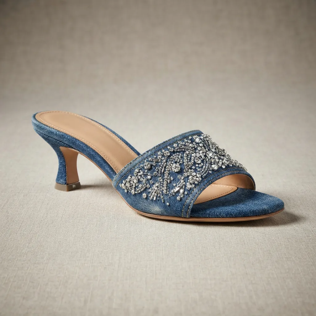 Limited Edition Margot Crystal Signature Denim Kitten Heel Slide Sandals featuring denim material and sparkling crystal embellishments.