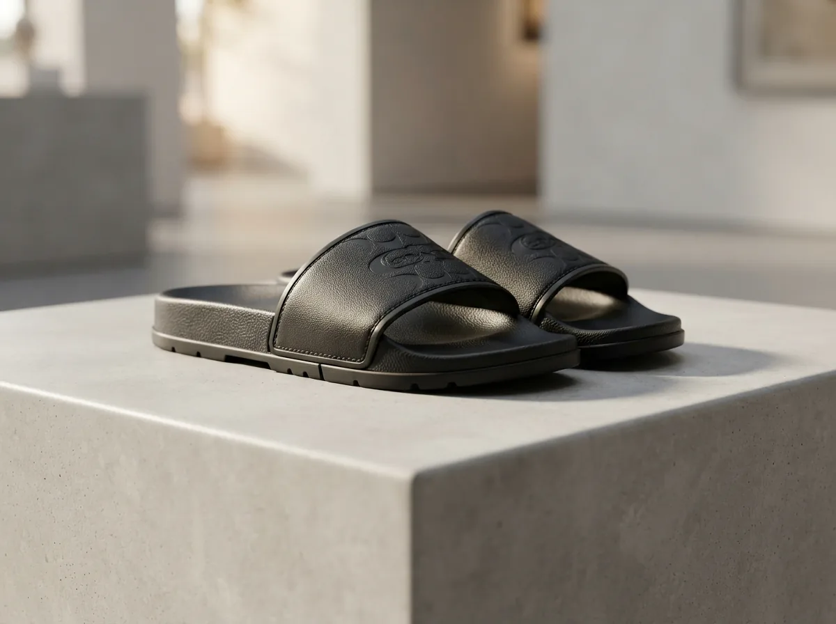 Coach Bay slide sandals in black, featured prominently on a clean background.