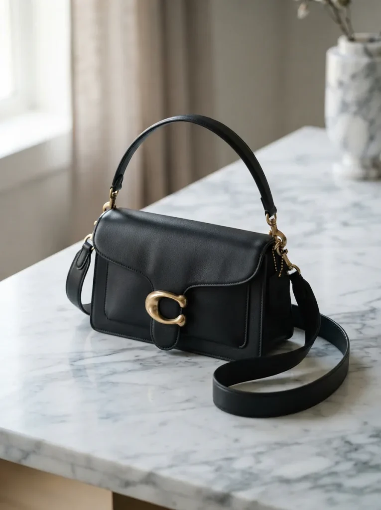 Elegant display of a Coach Tabby shoulder bag in a sophisticated environment for the category hero.