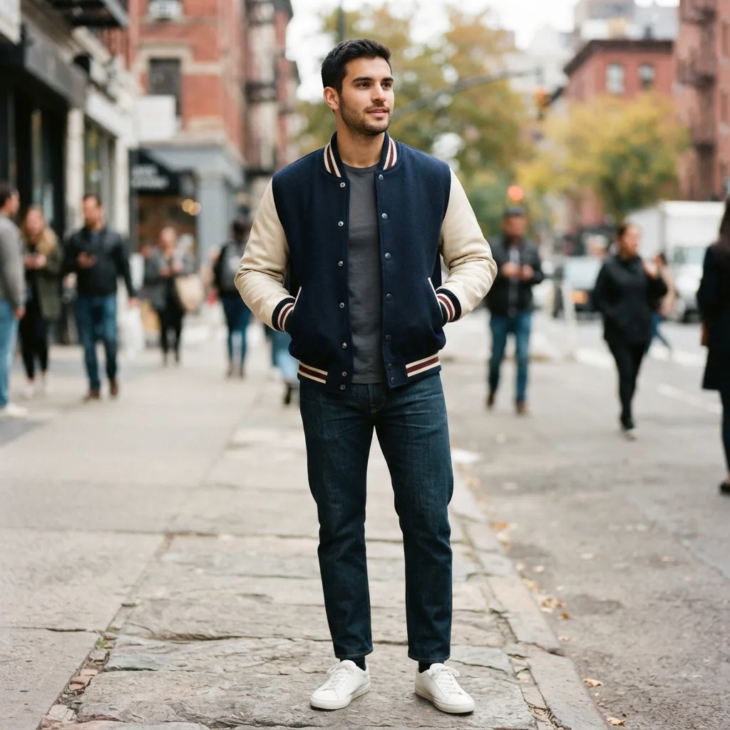 A model wearing the Wool Varsity Jacket from Coach, styled in a casual yet polished outfit.