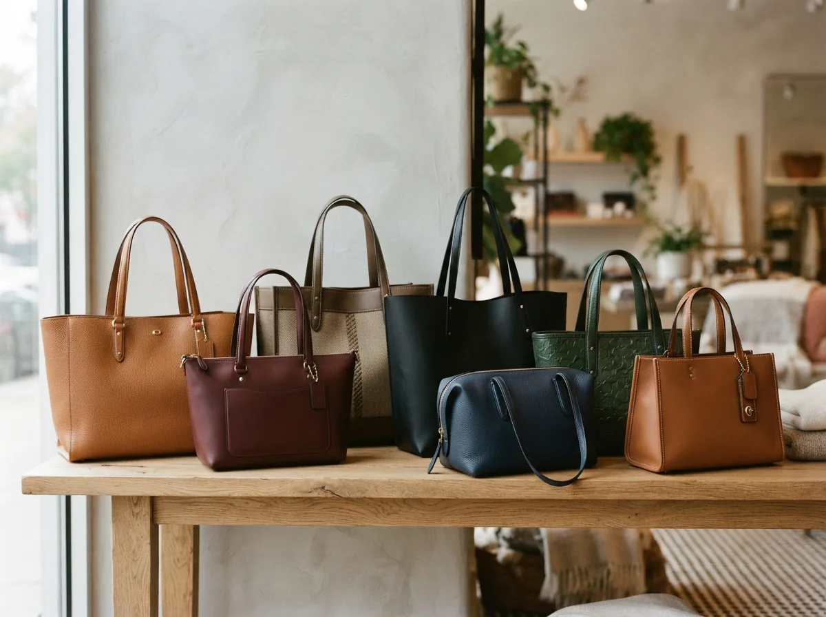 An overview image featuring diverse Coach tote bags to illustrate the range in size and material.