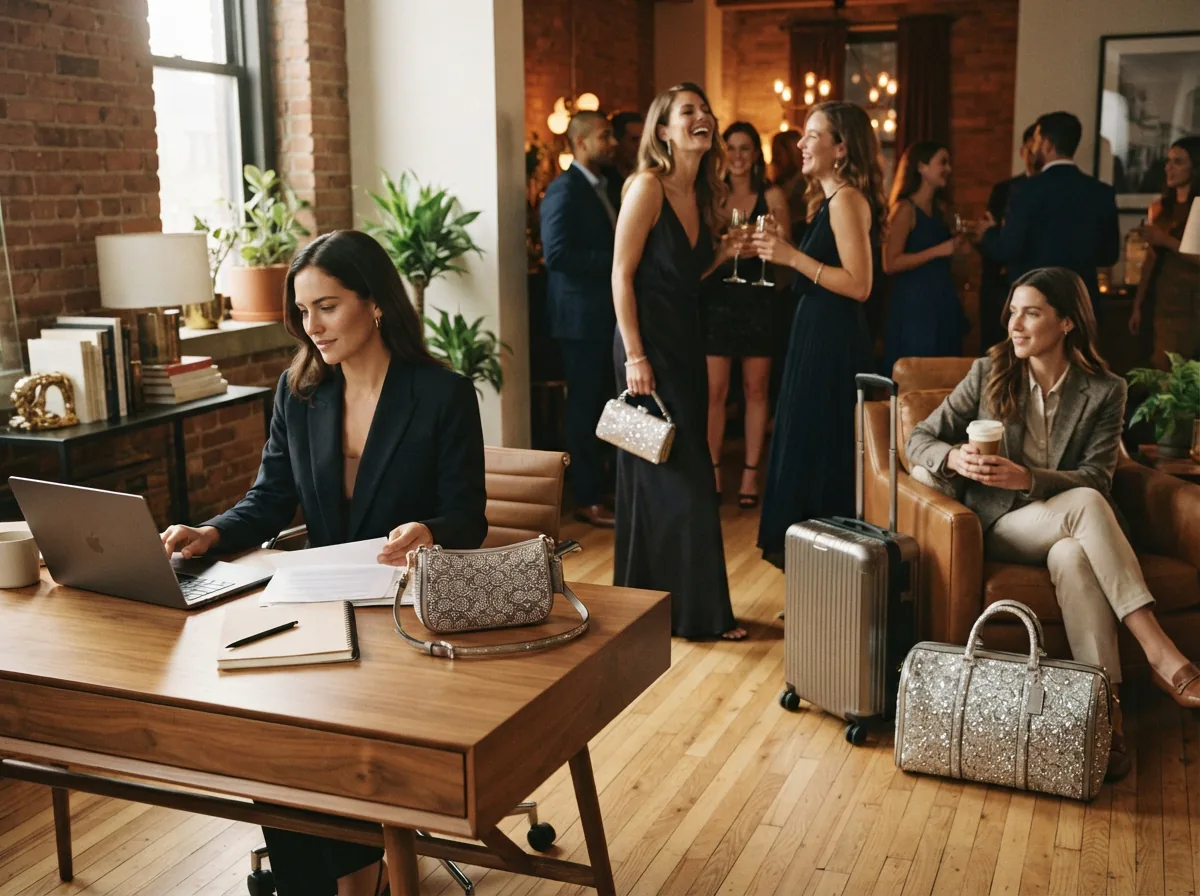 A scene depicting diverse use cases for Coach crystal bags, including professional, social, and travel settings.