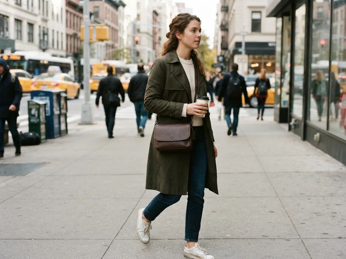 A person using a Coach handbag in a city setting, demonstrating practical daily use.