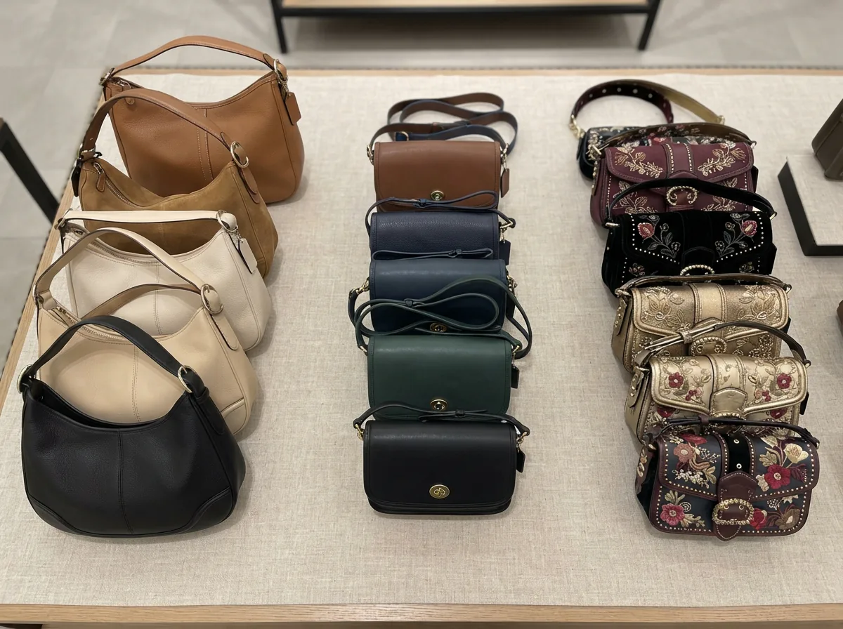 Overview of Coach shoulder bag styles arranged by type.